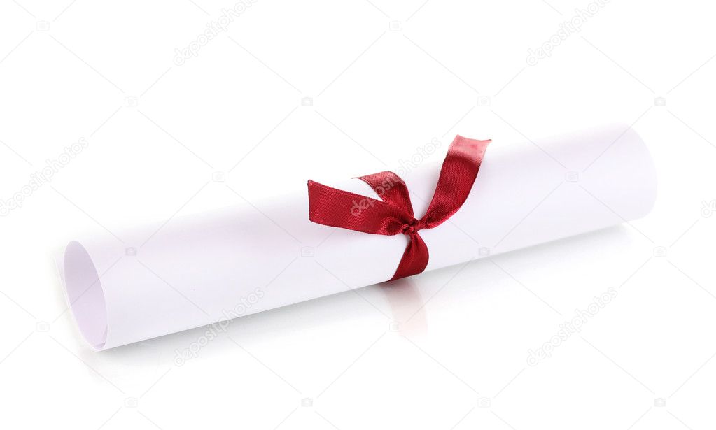 Graduation diploma tied with ribbon isolated on white