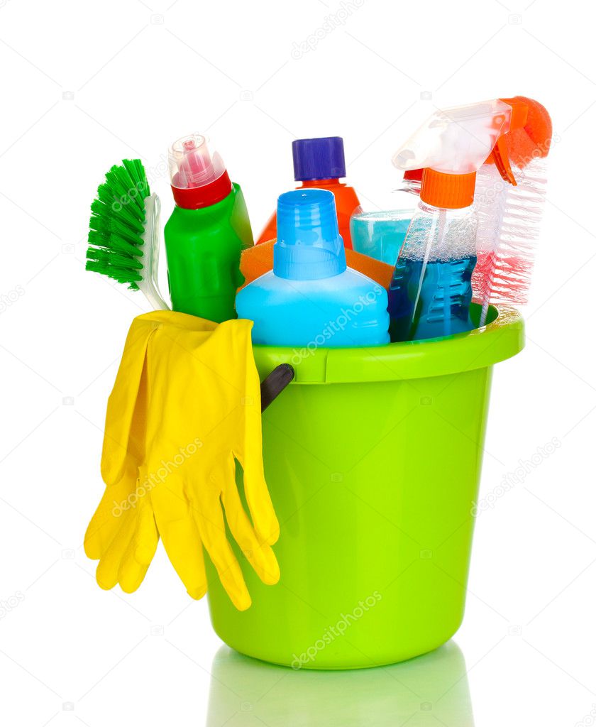 Cleaning items in bucket isolated on white