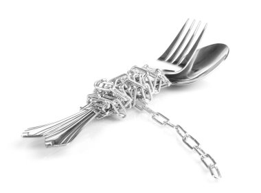 Fork and spoon with chain isolated on white clipart