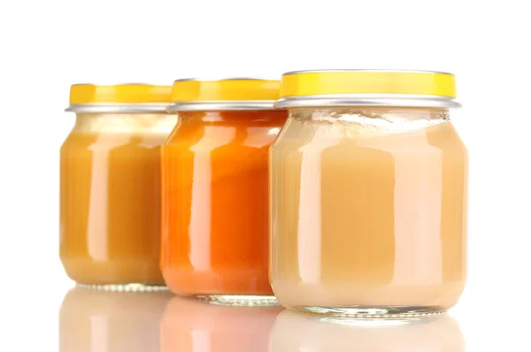 Jars of baby puree isolated on white — Stock Photo, Image