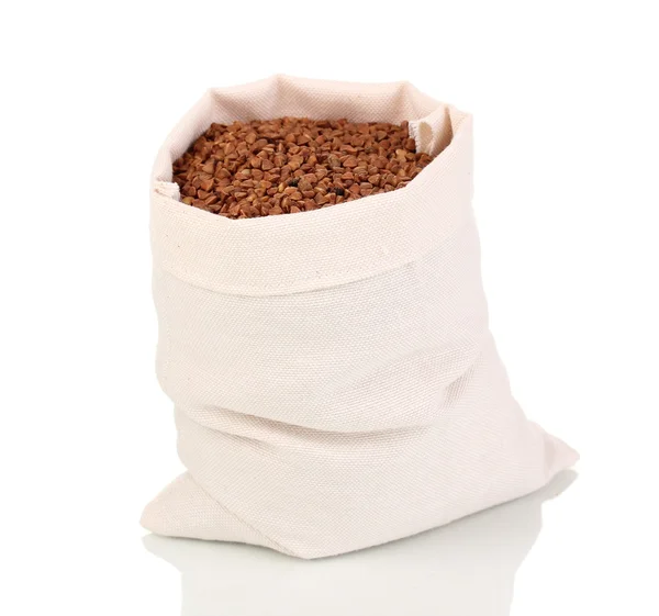 Cloth bag of buckwheat isolated on white — Stock Photo, Image