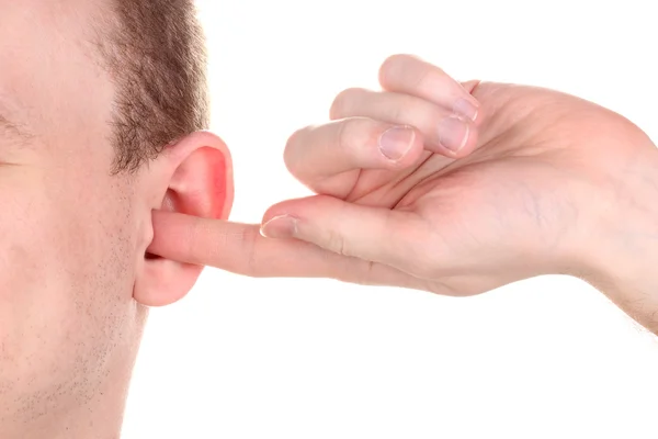 Ανθρώπινο αυτί και χέρι close-up απομονωθεί σε λευκό — Φωτογραφία Αρχείου