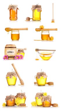 Collage of a few jars of honey and flowers isolated on white background clipart