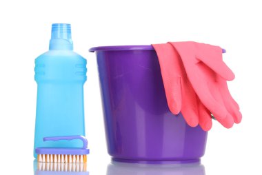 Detergent and bucket with gloves isolated on white clipart