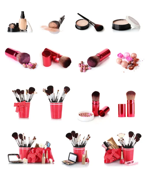 Collage of cosmetics for professional make-up isolated on white — Stock Photo, Image