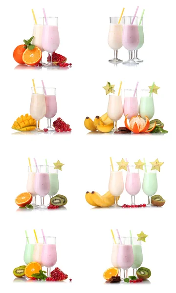 Коллаж из восьми композиций молочных коктейлей с фруктами, выделенными на белом — стоковое фото