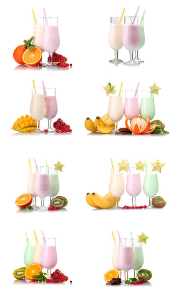 Collage of eight compositions milkshakes with fruits isolated on white