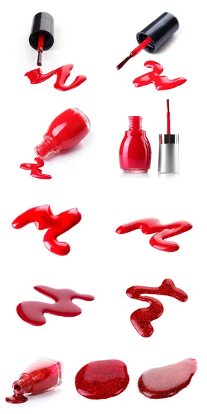 Kolaż jasny czerwony lakier do paznokci na białym tle — Zdjęcie stockowe