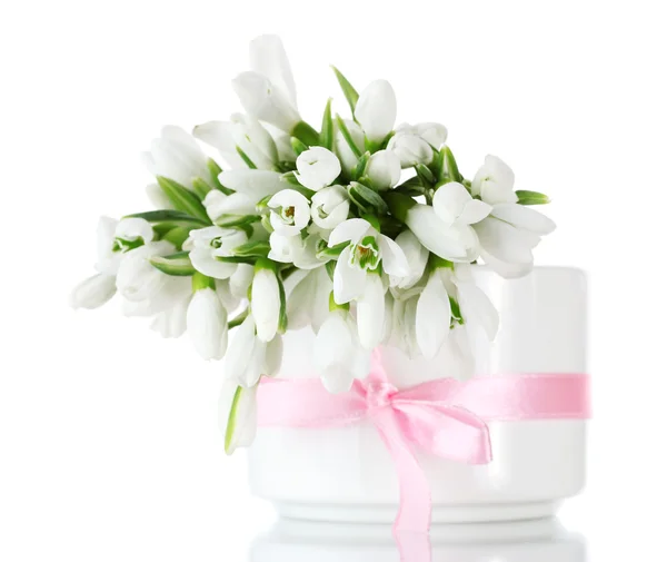 Beautiful bouquet of snowdrops in vase with bow isolated on white — Stock Photo, Image