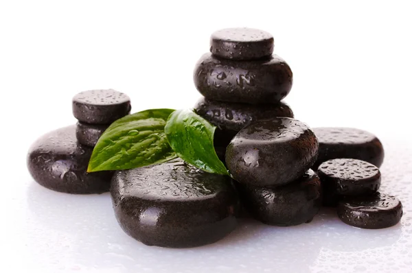 Wellness-Steine mit Tropfen und grünen Blättern isoliert auf weiß — Stockfoto