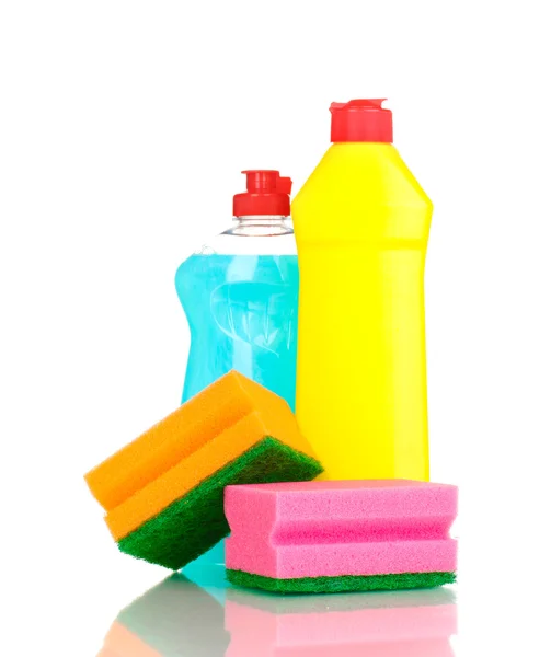 Afwassen vloeistoffen en spons geïsoleerd op wit — Stockfoto