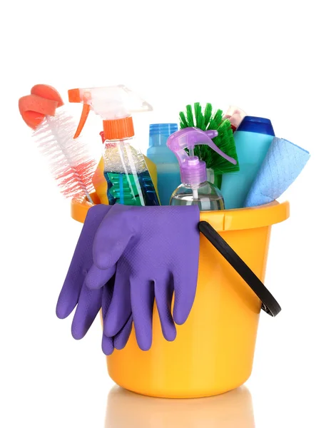 Cleaning items in bucket isolated on white — Stock Photo, Image