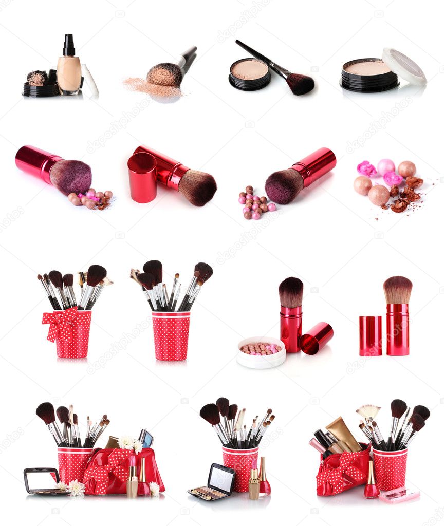 Collage of cosmetics for professional make-up isolated on white