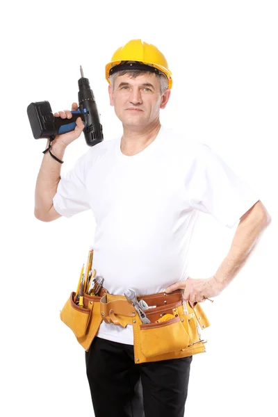 Builder with belt construction and holding drill isolated on white — Stock Photo, Image