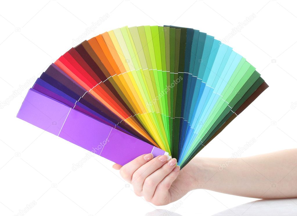 Hand holding bright palette of colors isolated on white