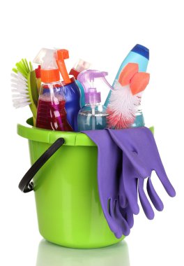 Cleaning items in bucket isolated on white clipart