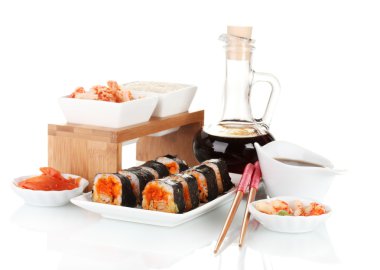 tarihinde, tabak, yemek çubukları, soya sosu, Balık ve beyaz izole karides lezzetli sushi