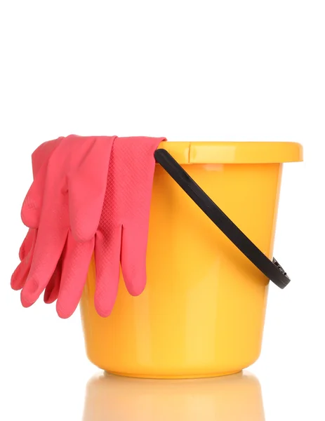 Bucket and gloves for cleaning isolated on white — Stock Photo, Image