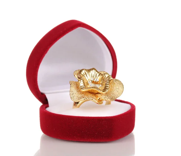 Gold ring with golden flower and clear crystals in red velvet box isolated on white — Stock Photo, Image