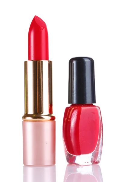 Czerwona szminka i lakier do paznokci na białym tle — Zdjęcie stockowe