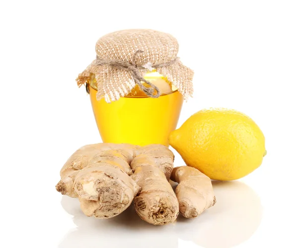 Zenzero con limone e miele isolato su bianco — Foto Stock
