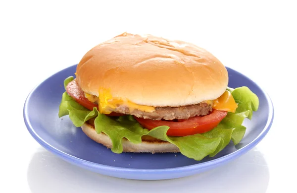 Tasty cheeseburger on plate isolated on white — Stock Photo, Image