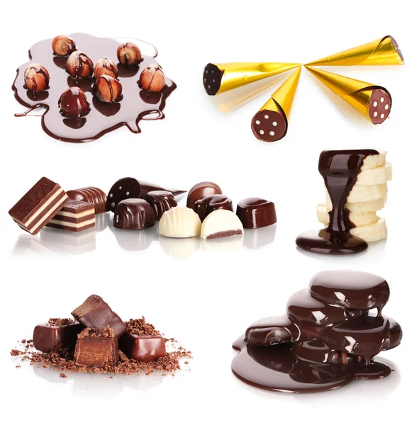 Collage de surtidos deliciosos caramelos de chocolate y frutos secos aislados en blanco —  Fotos de Stock