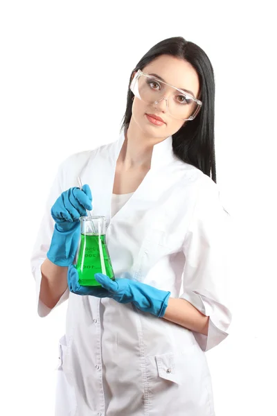 Young female scientist holding test-tube isolated on white — Stock Photo, Image
