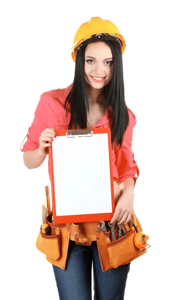 Bella giovane ragazza-costruttore tenendo cartella isolata su bianco — Foto Stock