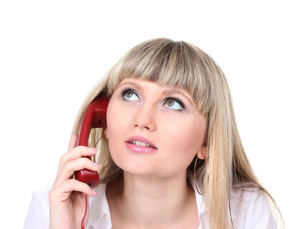 Beautiful young girl using telephone isolated on white — Stock Photo, Image