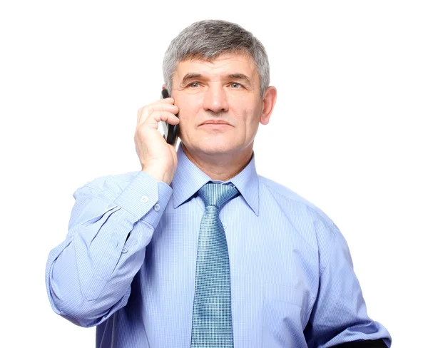 Uomo d'affari al telefono contro isolato su bianco — Foto Stock