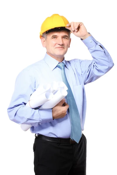 Homem arquiteto com capacete e rascunhos isolados em branco — Fotografia de Stock