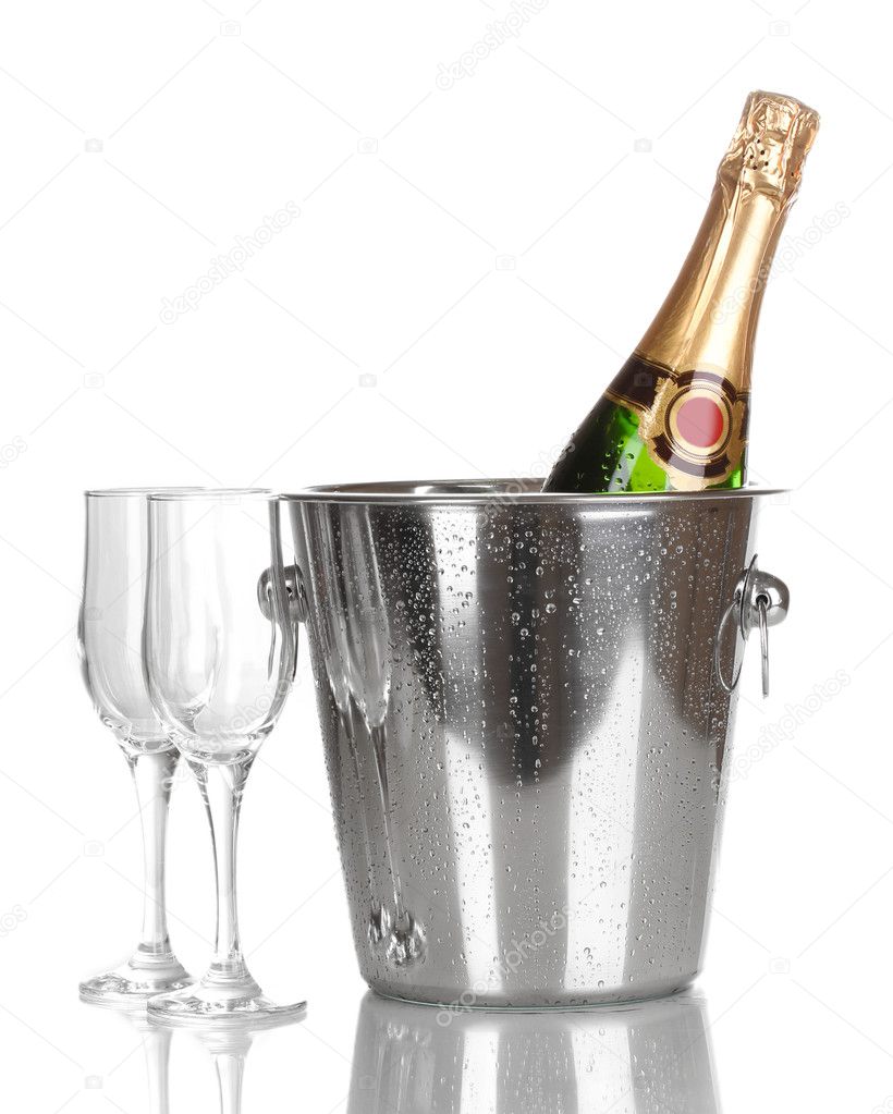 Bottle of champagne in bucket and goblets isolated on white