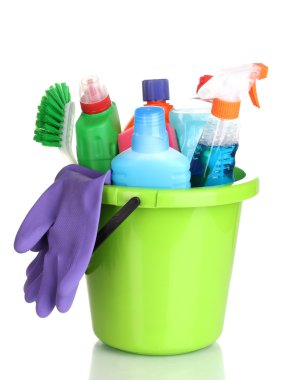 Cleaning items in bucket isolated on white clipart