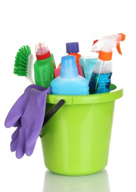 Cleaning items in bucket isolated on white clipart