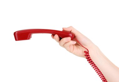 yakışıklı bir el üzerinde beyaz izole kırmızı telefon