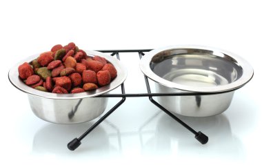 Dry dog food and water in metal bowls isolated on white clipart