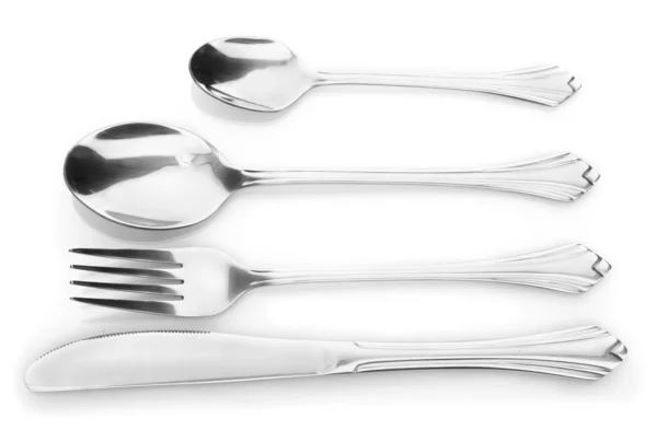 Silver fork and spoon, knife isolated on white — Stock Photo, Image