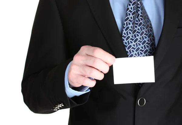 Empresário segurando cartão de crédito isolado em branco — Fotografia de Stock