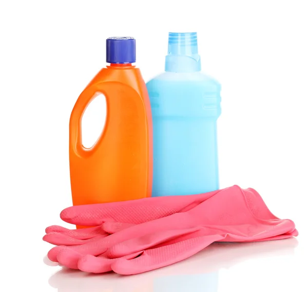 Detergente y guantes aislados en blanco — Foto de Stock