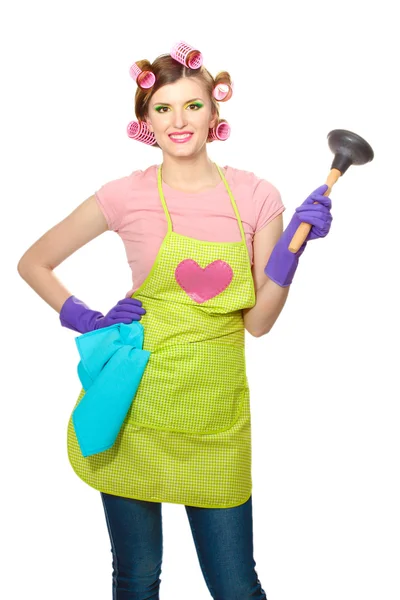 Beautiful young housewife isolated on white — Stock Photo, Image