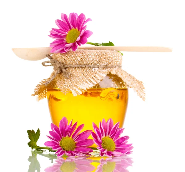 Zoete honing in pot met drizzler geïsoleerd op wit — Stockfoto