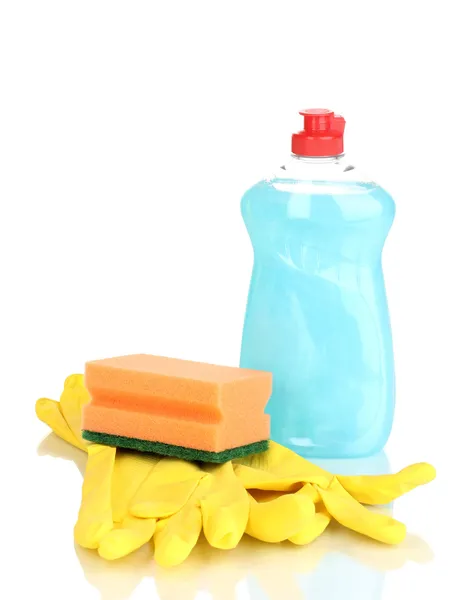 Afwasmiddel met handschoenen en spons geïsoleerd op wit — Stockfoto