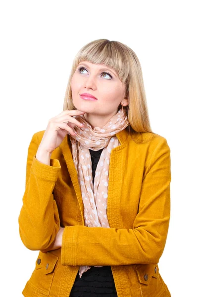 Güzel bir genç kadın parlak ceketli beyaz izole — Stok fotoğraf