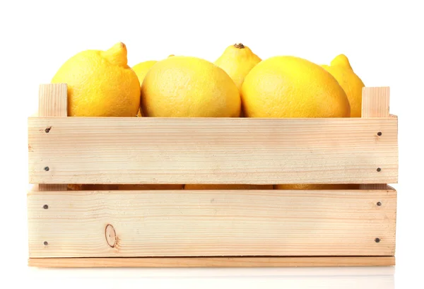 stock image Ripe lemon in wooden box isolated on white