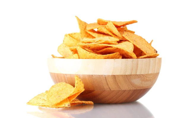Tasty potato chips in wooden bowl isolated on white — Stock Photo, Image