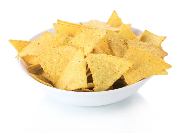 Chips savoureuses dans un bol isolé sur blanc — Photo