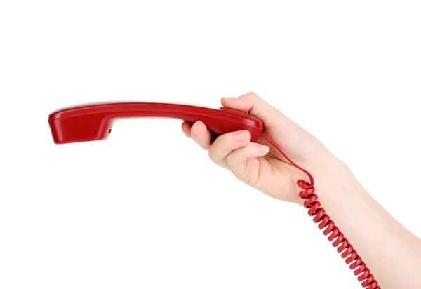 Ακουστικό του κόκκινο τηλέφωνο στο χέρι που απομονώνονται σε λευκό — Φωτογραφία Αρχείου