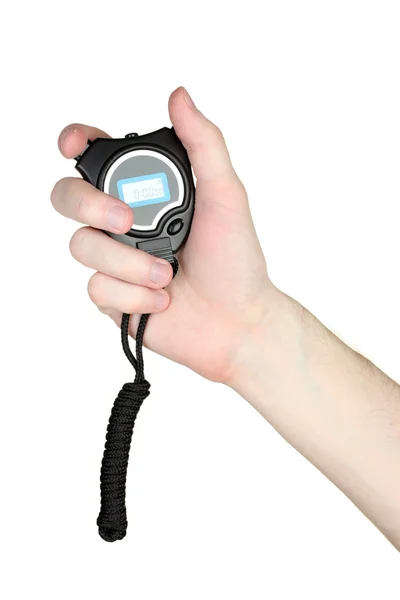 Elektronische sport timer in hand geïsoleerd op wit — Stockfoto