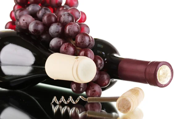 Flessen van grote wijn en kurkentrekker geïsoleerd op wit — Stockfoto